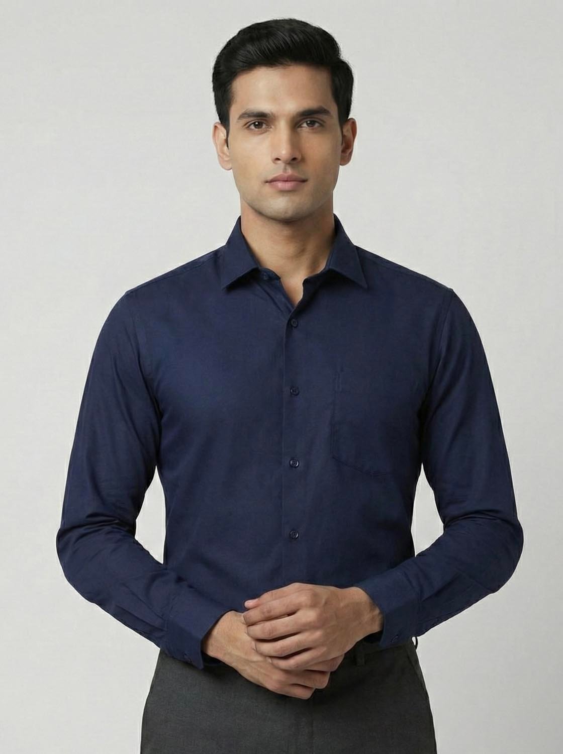 Slim Fit Solid Corporate Navy Blue Shirt