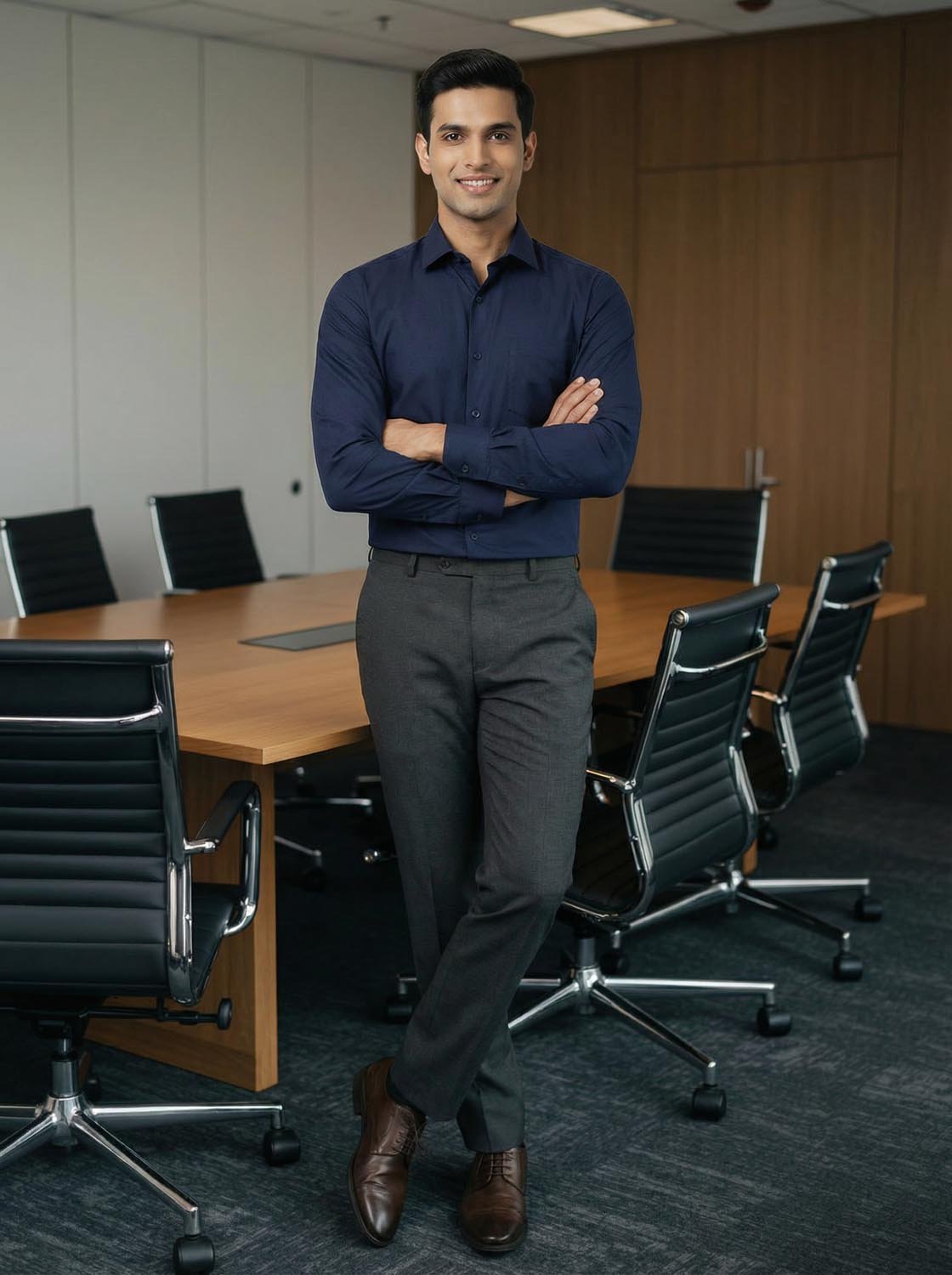 Slim Fit Solid Corporate Navy Blue Shirt