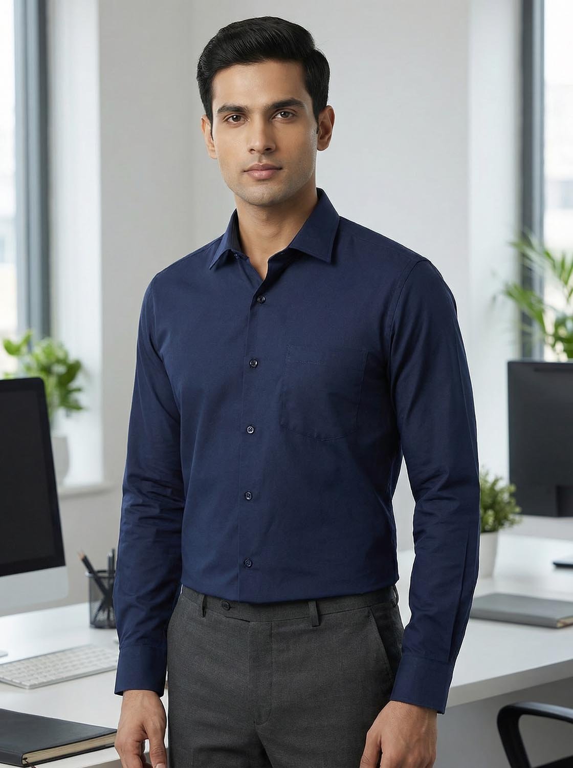 Slim Fit Solid Corporate Navy Blue Shirt